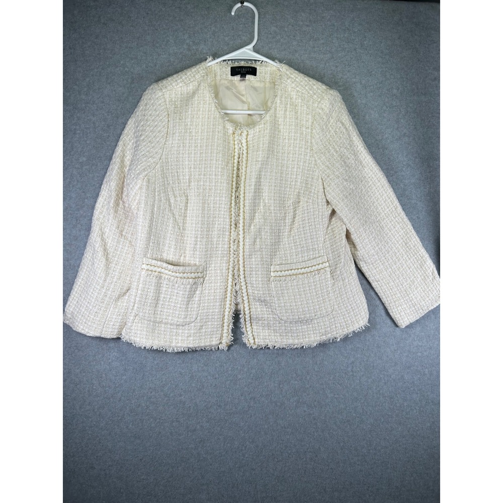 Talbots Petite 10P Tweed Blazer Jacket Ivory Cream Gold Metallic Hook Eye Crop